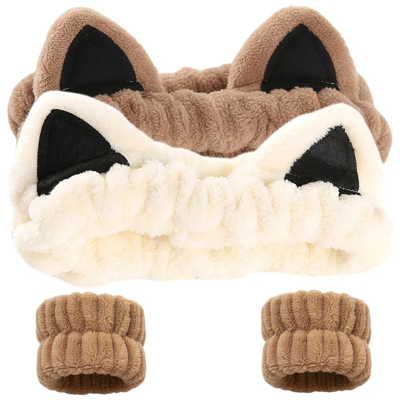 Waliah Cat Ears Headband, Cute Spa Headband and Wristband Set Washing Face Skincare Makeup Headbands for Women Girls Trendy Stuff Present Soft Coral Fleece Hair Accessories(1Beige+2Khaki) - Image 1